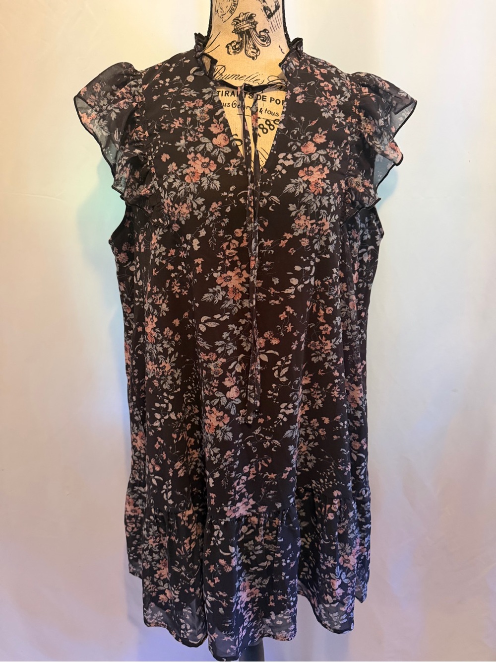 Floral Ruffle Sleeve Sheer Tunic Dress - Navy Blue & Pink